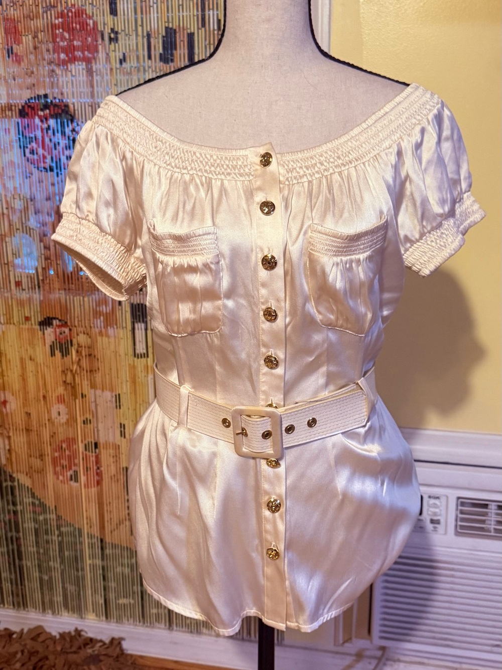 bebe Cream Satin Off-Shoulder Button Front Top with Belt